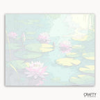 Pastel watercolor design of waterlilies and lily pads on a light blue background with 'Crafty by Numbers' branding.