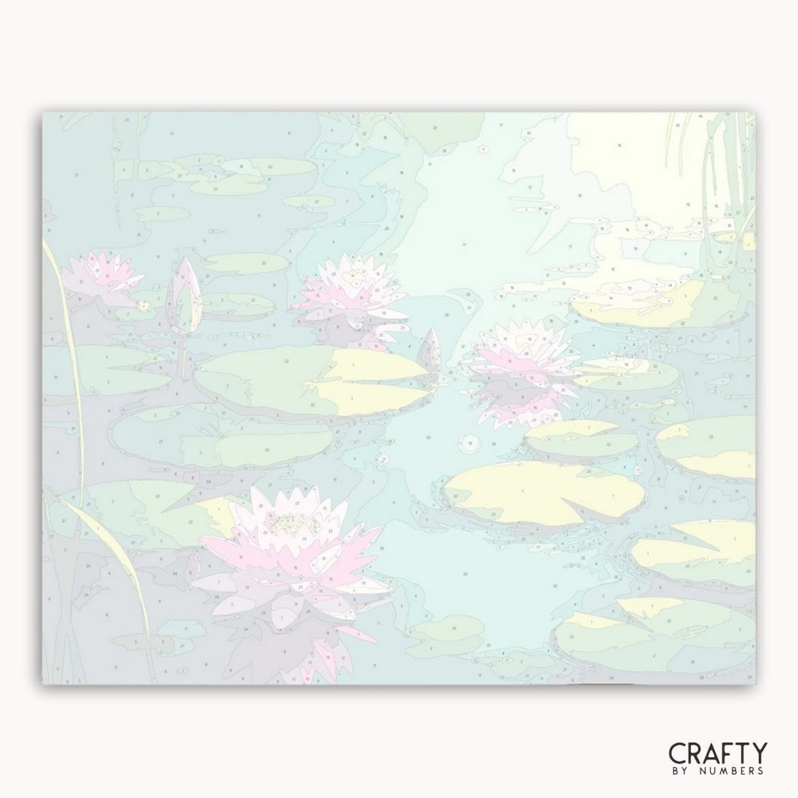 Diseño de acuarela en colores pastel de nenúfares y nenúfares sobre un fondo azul claro con la marca 'Crafty by Numbers'.