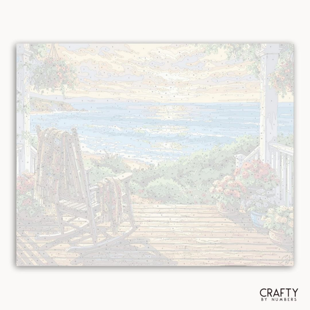 Pastellfarbene Landschaft mit Holzzaun und Bäumen, mit der Marke „Crafty by Numbers“.