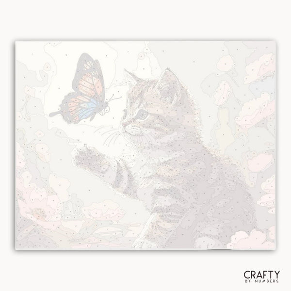 Illustration of a cat and a butterfly on a white background with 'Crafty by Numbers' branding.