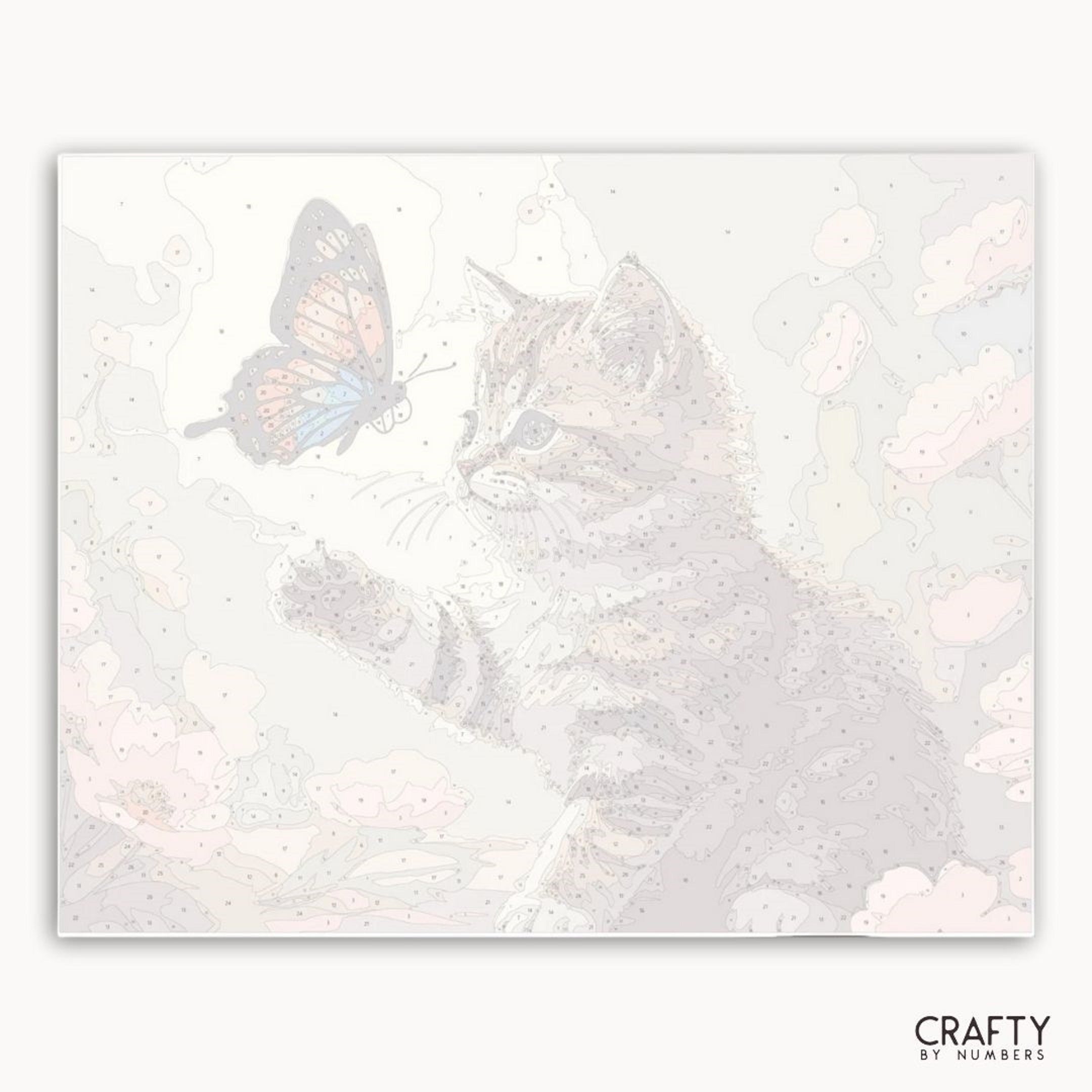 Illustration of a cat and a butterfly on a white background with 'Crafty by Numbers' branding.