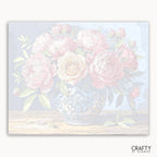 Floral design with pink flowers in a clear vase on a light blue background, branded 'Crafty by Numbers'.