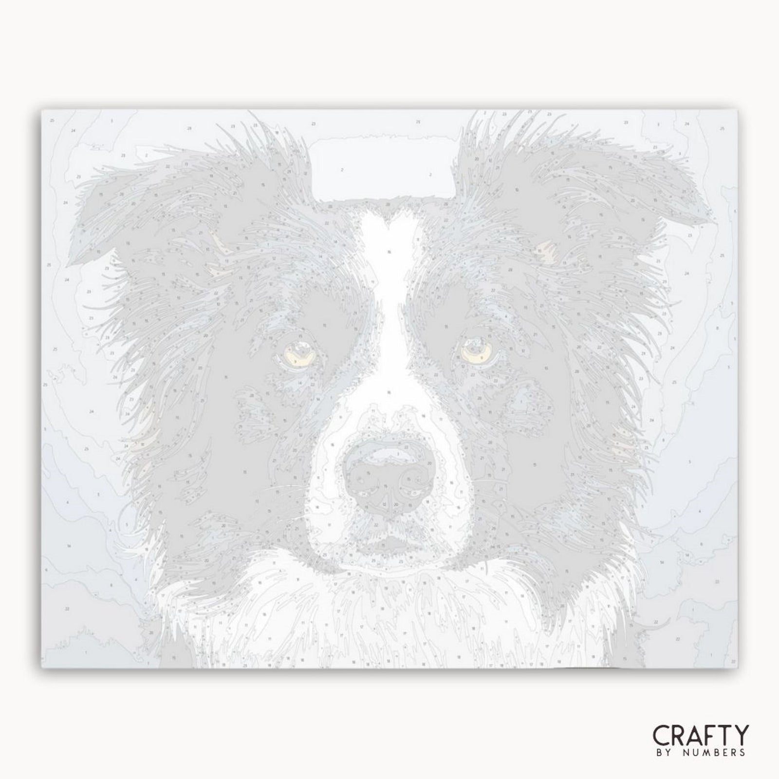 Hundegesicht mit weißem Hintergrund und „Crafty by Numbers“-Branding.