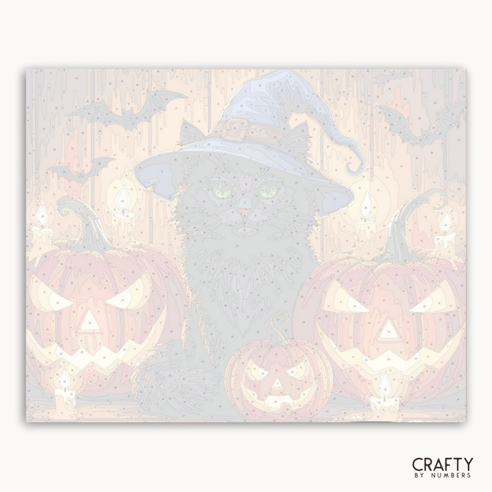 Halloween-themed design with pumpkins and a witch hat on a light background, featuring the brand 'Crafty by Numbers'.