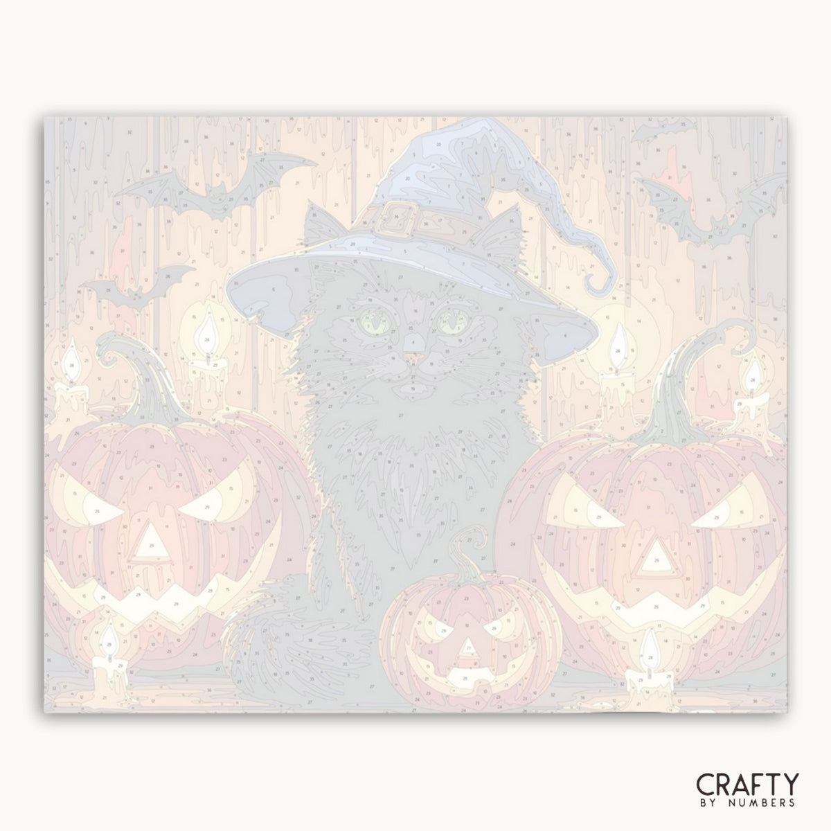 Halloween-Design mit Kürbissen und einem Hexenhut auf hellem Hintergrund, mit der Marke „Crafty by Numbers“.
