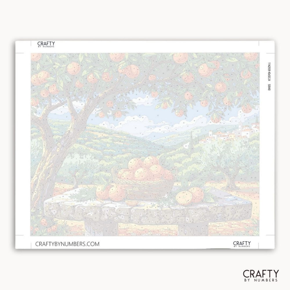 Framed artwork of a landscape with trees and a bench, featuring the brand 'Crafty by Numbers'.