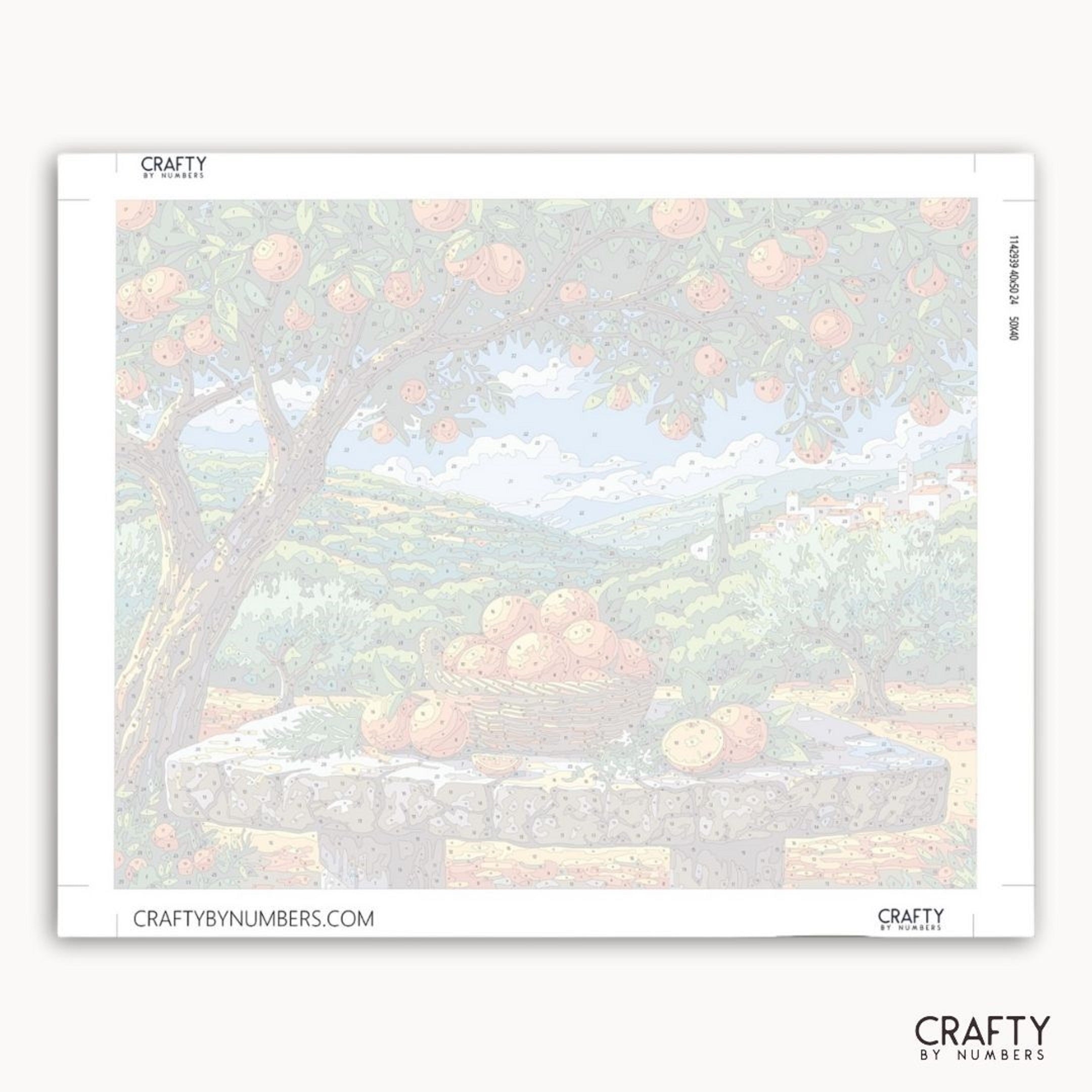 Framed artwork of a landscape with trees and a bench, featuring the brand 'Crafty by Numbers'.
