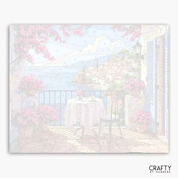Pastel-colored illustration of a garden scene with a table and chairs, framed by 'Crafty by Numbers'.