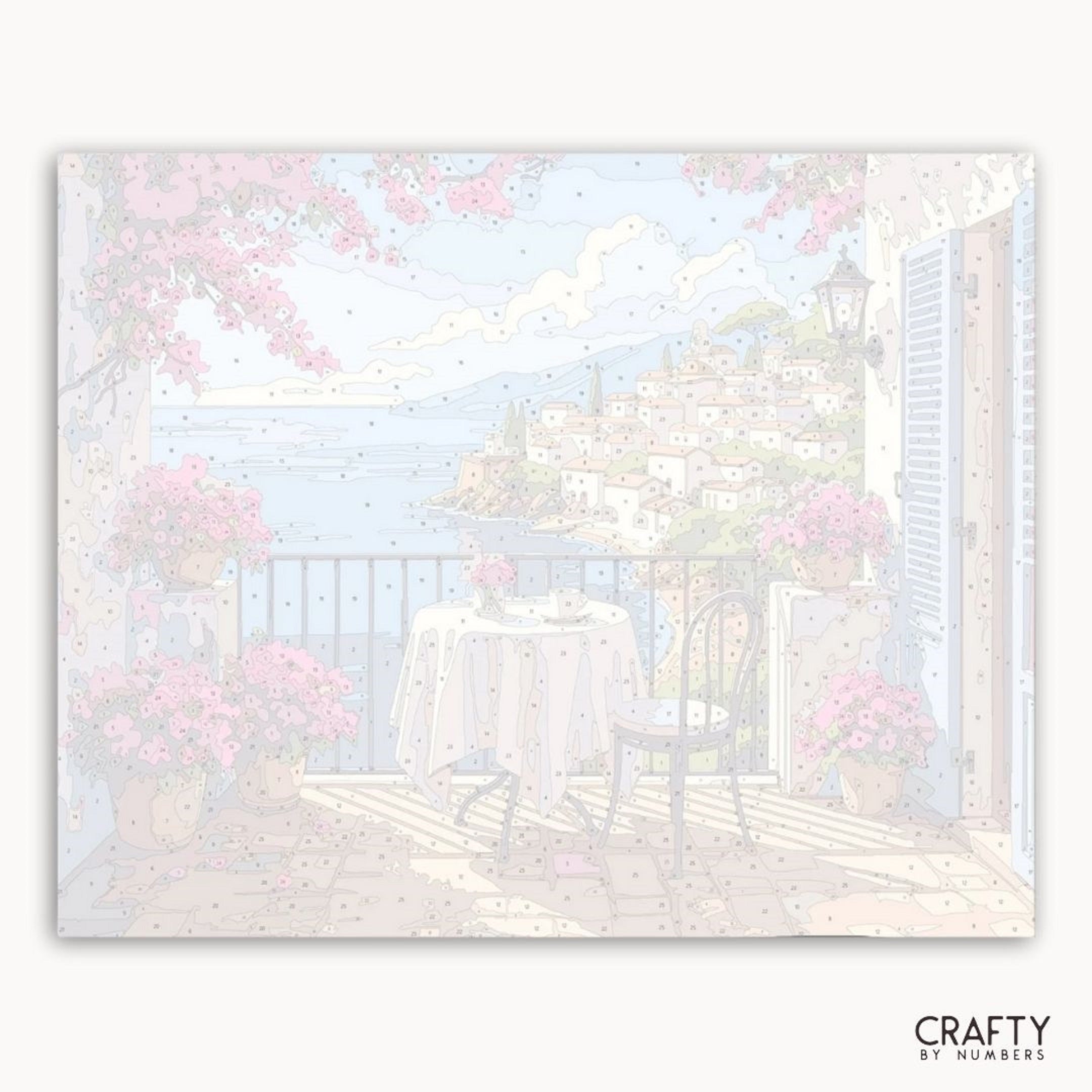 Pastel-colored illustration of a garden scene with a table and chairs, framed by 'Crafty by Numbers'.