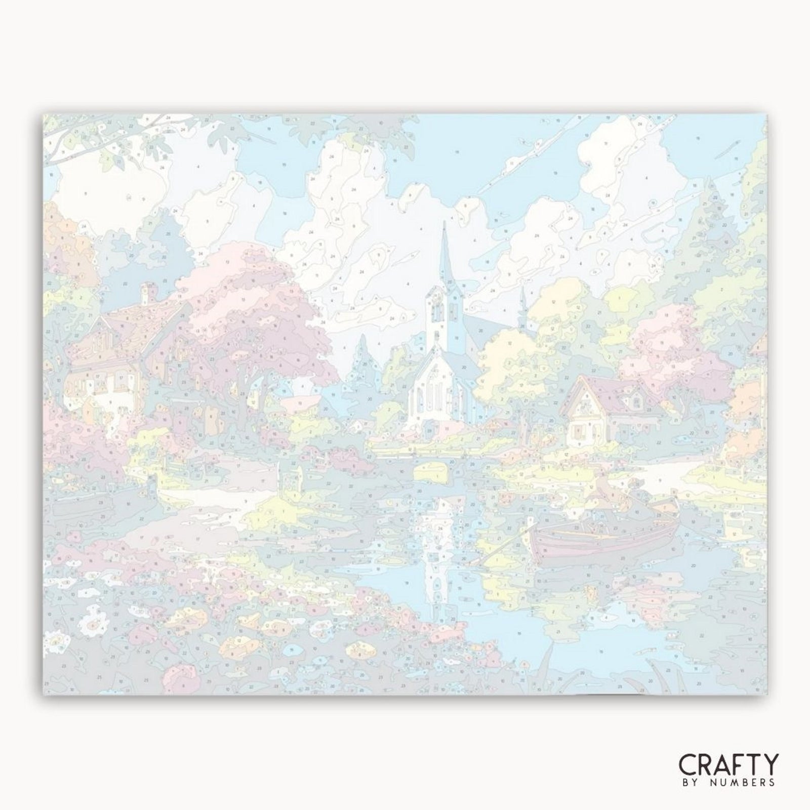 Paisaje de colores pastel con árboles y un lago, con la marca 'Crafty by Numbers'.