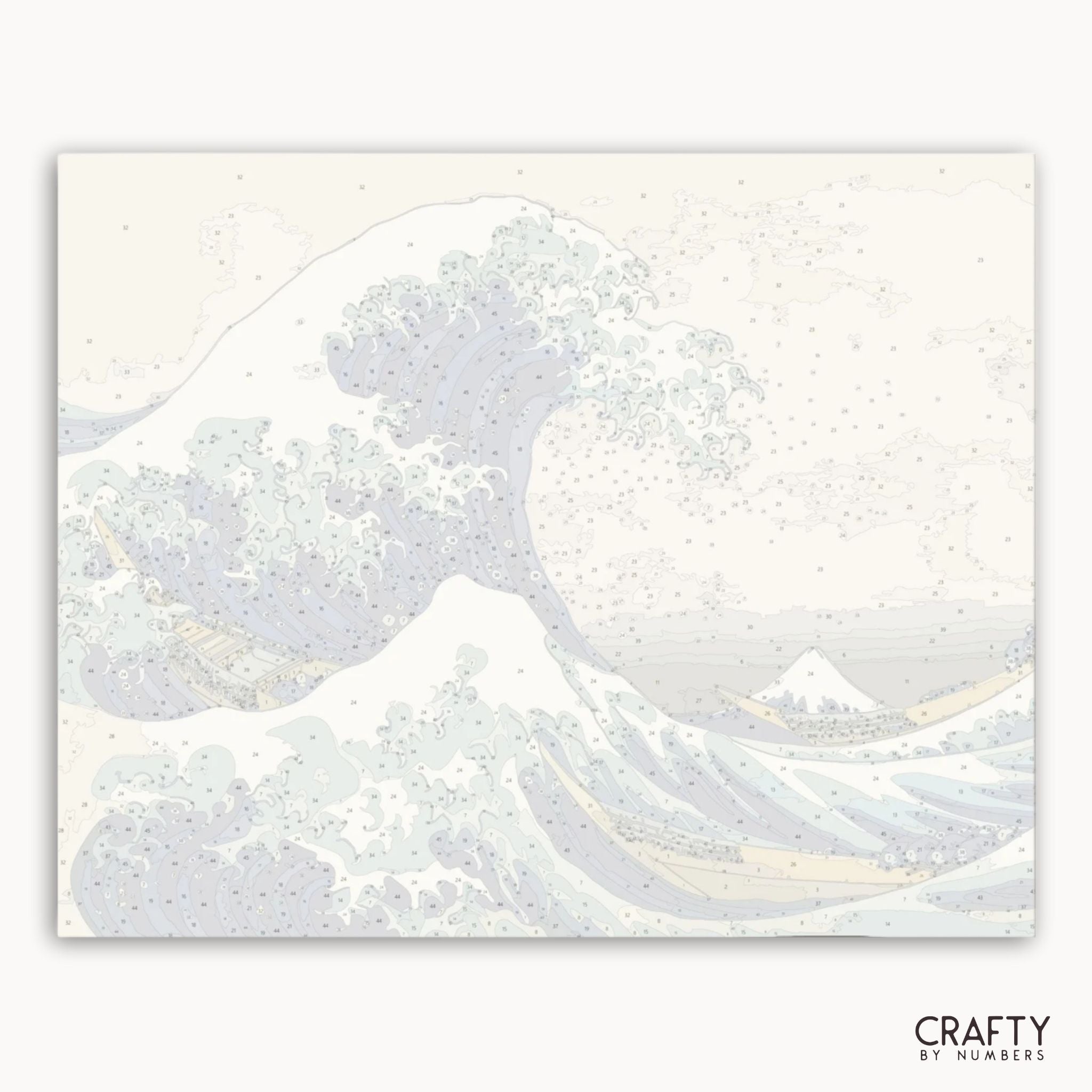 Artistic depiction of a wave with a mountain in the background on a light gray background, featuring the brand 'Crafty by Numbers'.