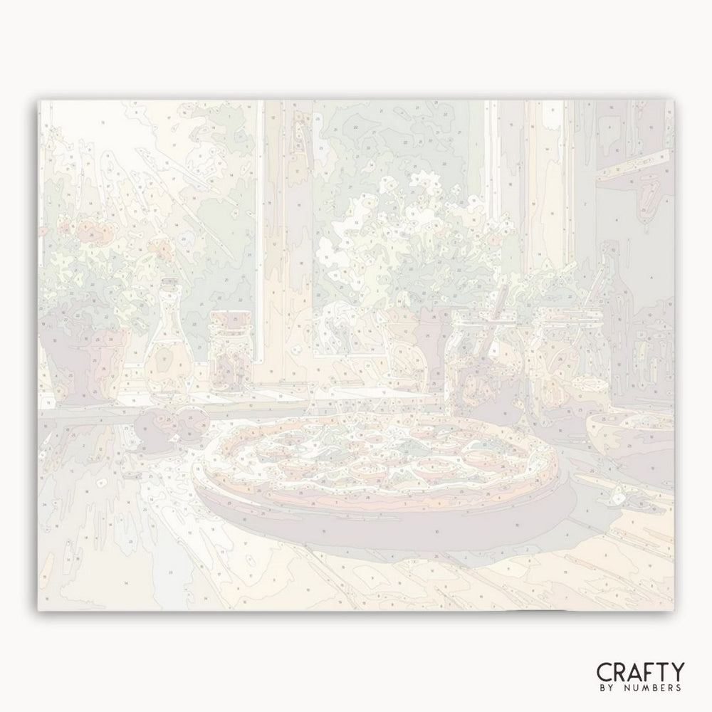 Abstract art with soft pastel colors and a central circular shape, credited to Crafty by Numbers.