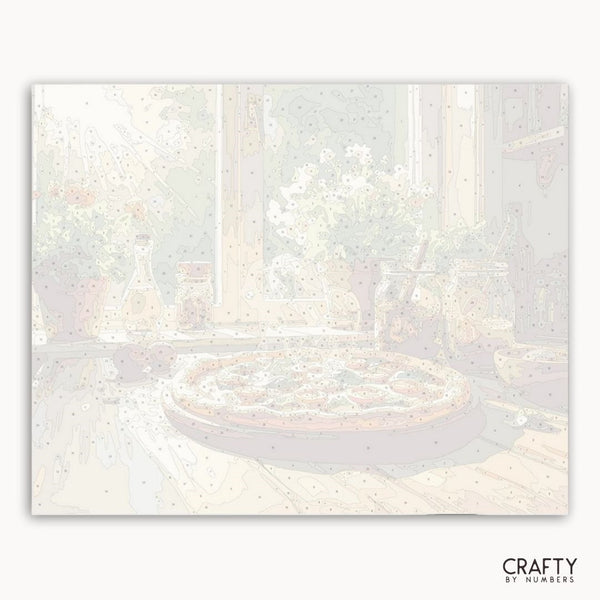 Abstract art with soft pastel colors and a central circular shape, credited to Crafty by Numbers.