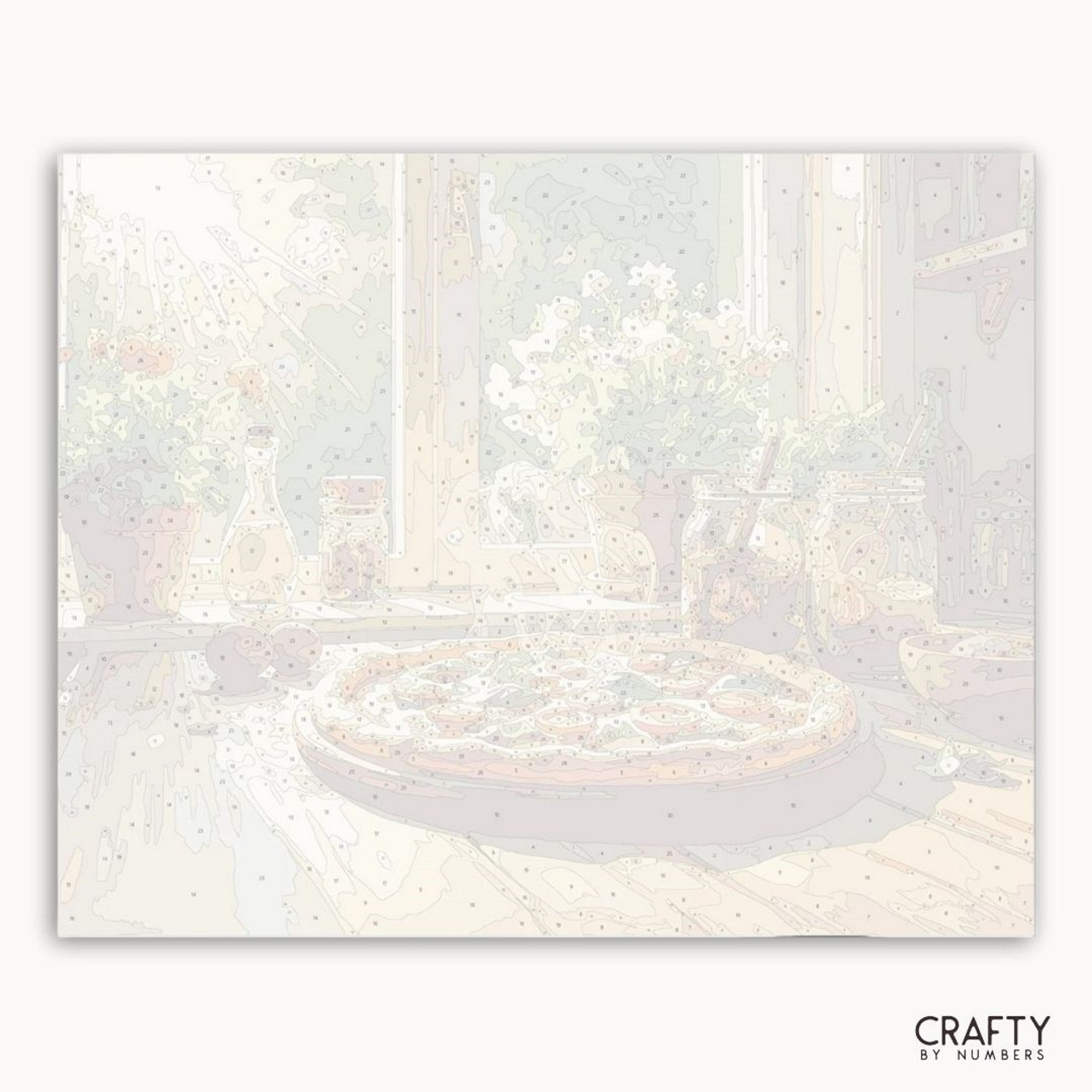 Abstract art with soft pastel colors and a central circular shape, credited to Crafty by Numbers.
