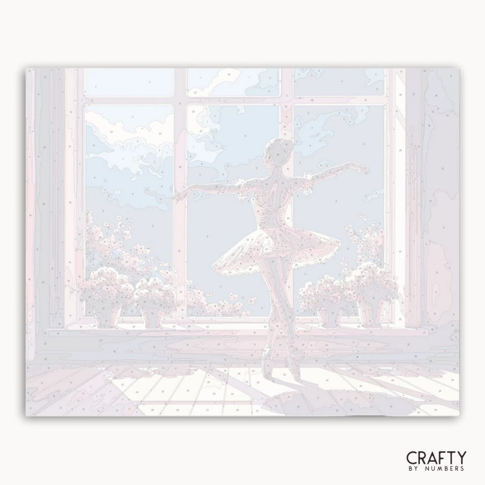 Bailarina con tutú parada frente a una ventana con un paisaje nevado, con la marca 'Crafty by Numbers'.