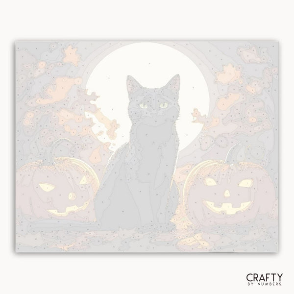 Silhouette of a cat with pumpkins on a light gray background, featuring the brand 'Crafty by Numbers'.
