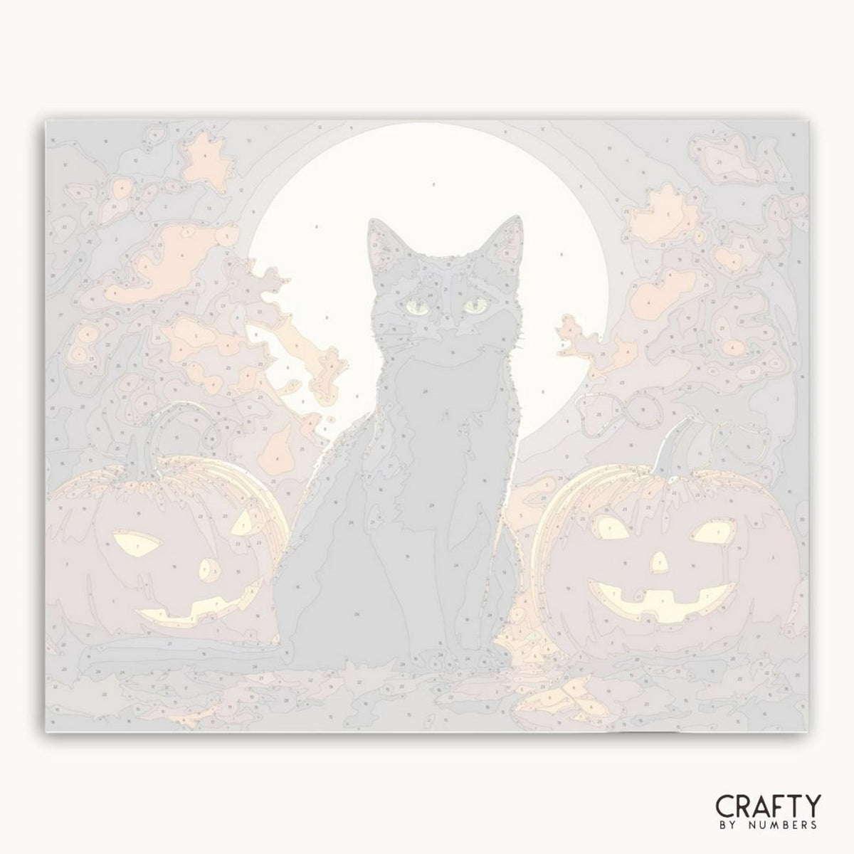 Silhouette einer Katze mit Kürbissen auf hellgrauem Hintergrund, mit der Marke „Crafty by Numbers“.