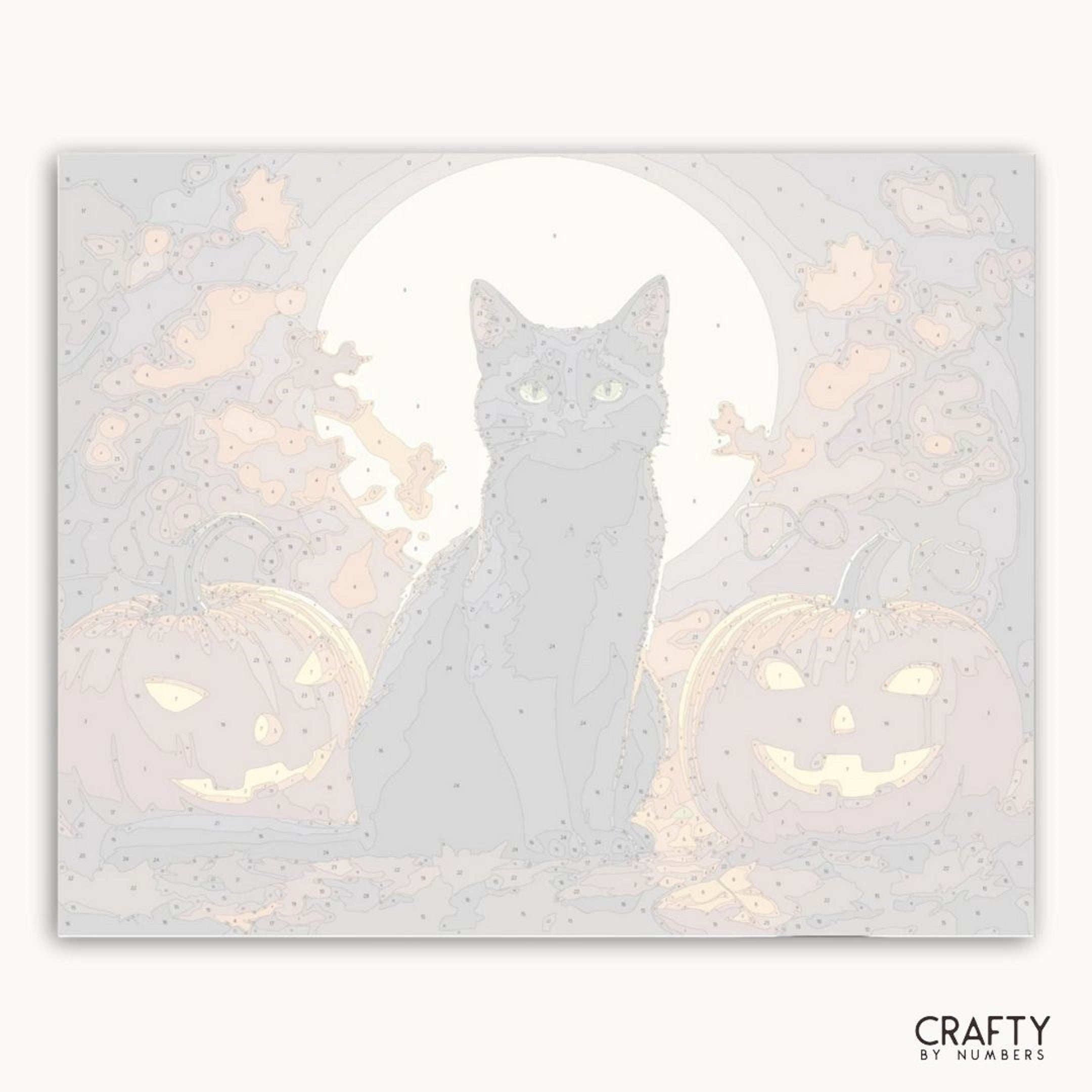 Silhouette of a cat with pumpkins on a light gray background, featuring the brand 'Crafty by Numbers'.