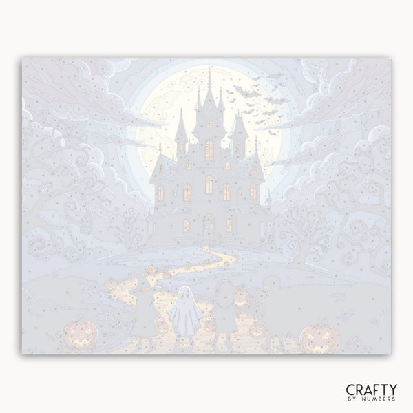 Decorative paper cutout of a castle with snowflakes and lights, featuring the brand 'Crafty by Numbers'.