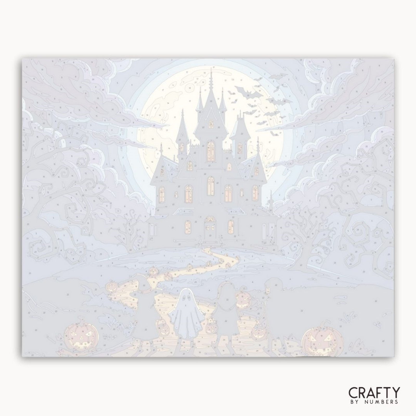 Decorative paper cutout of a castle with snowflakes and lights, featuring the brand 'Crafty by Numbers'.
