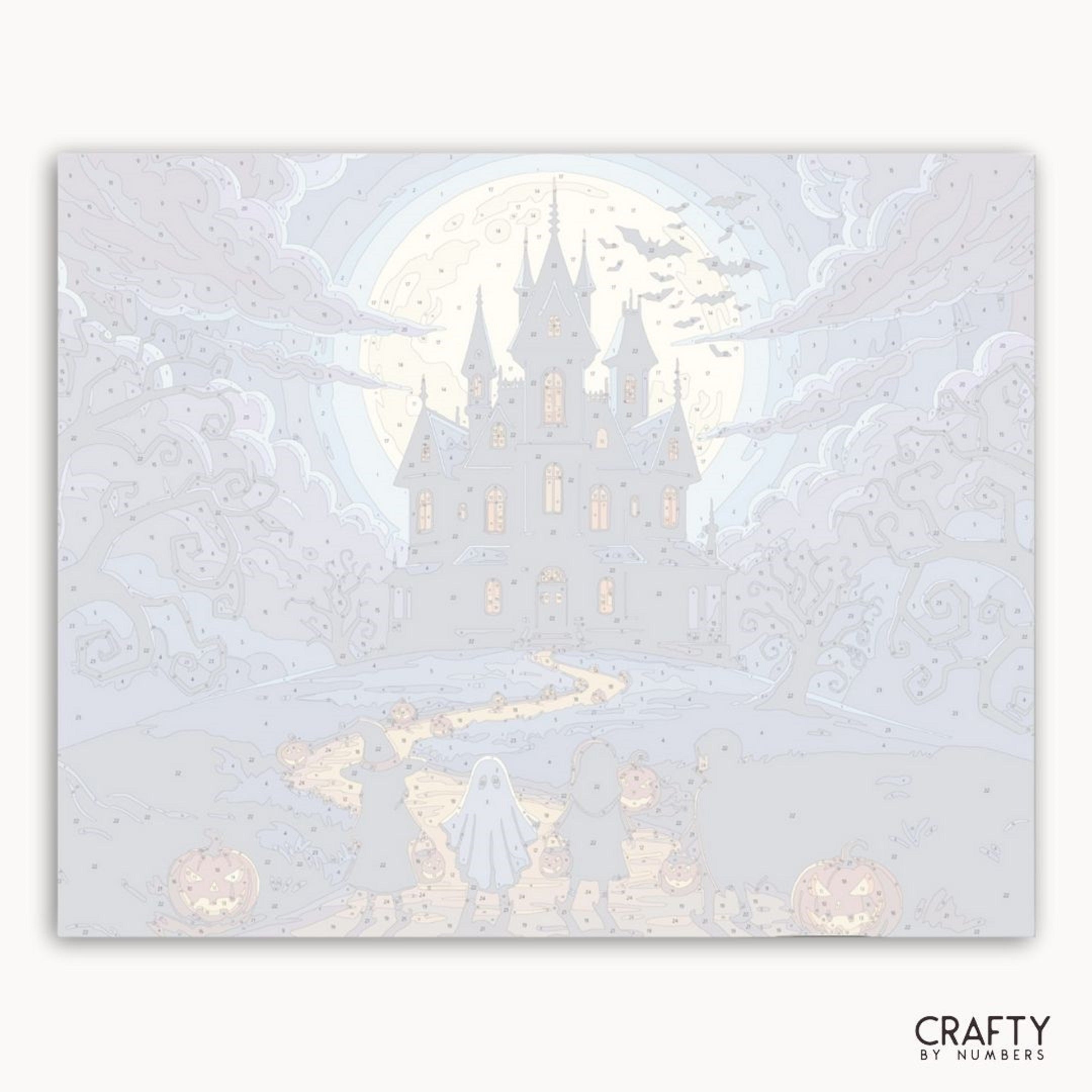 Decorative paper cutout of a castle with snowflakes and lights, featuring the brand 'Crafty by Numbers'.