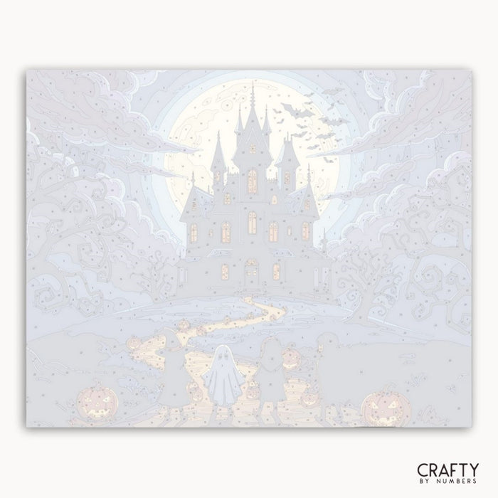 Decorative paper cutout of a castle with snowflakes and lights, featuring the brand 'Crafty by Numbers'.