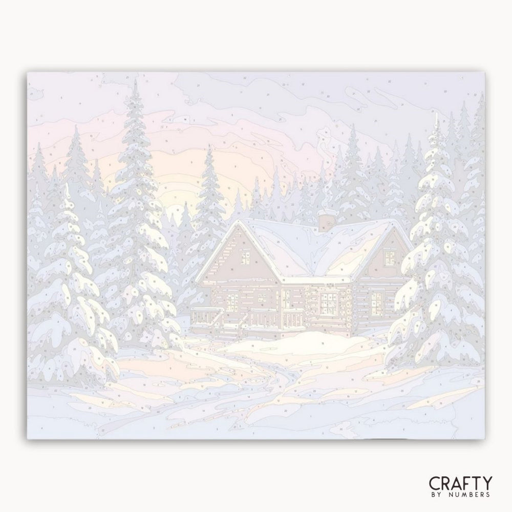 Winter scene with a cabin and trees, featuring soft pastel colors.