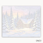 Winter scene with a cabin and trees, featuring soft pastel colors.