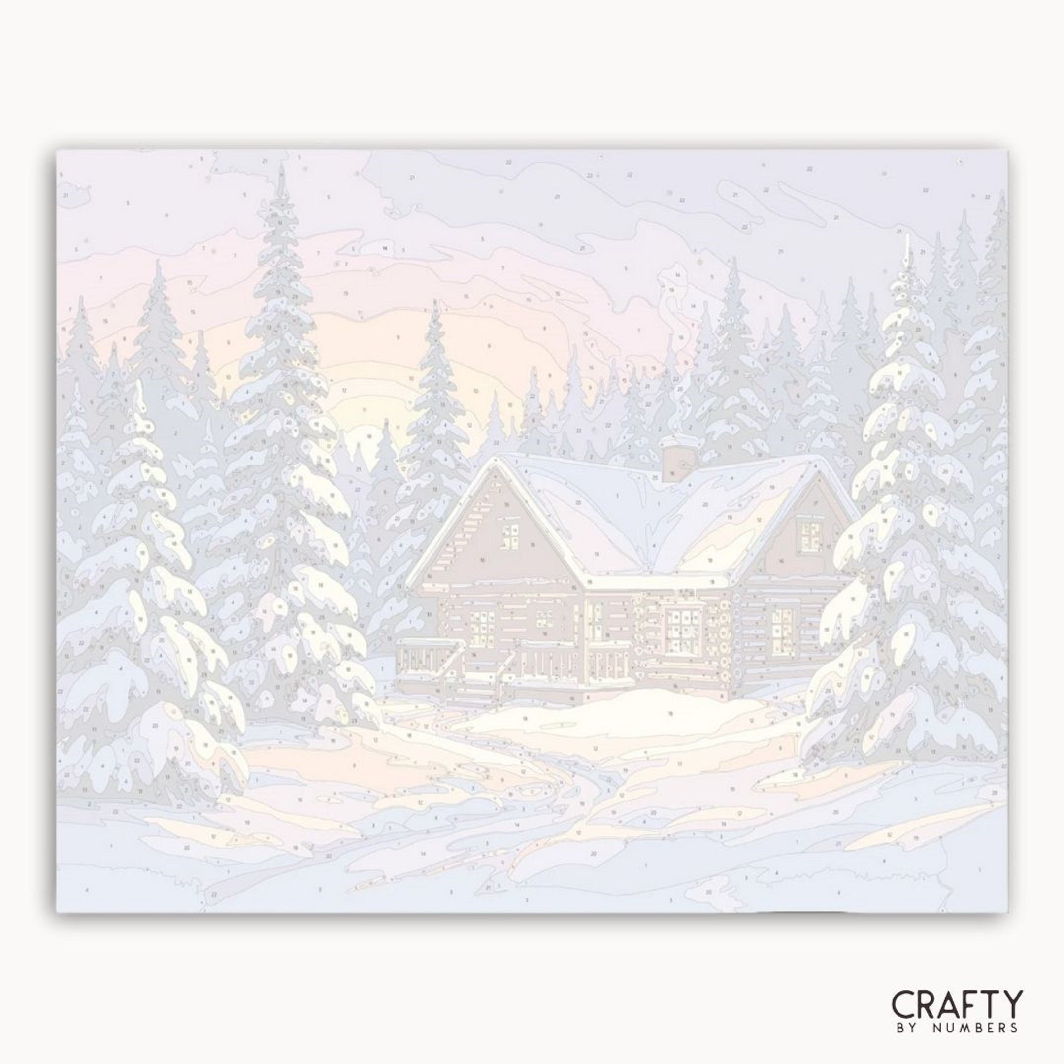 Winter scene with a cabin and trees, featuring soft pastel colors.
