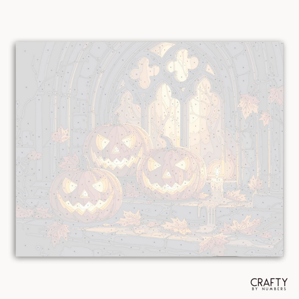 Halloween-themed design with pumpkins and ghosts on a light gray background, featuring the brand 'Crafty by Numbers'.
