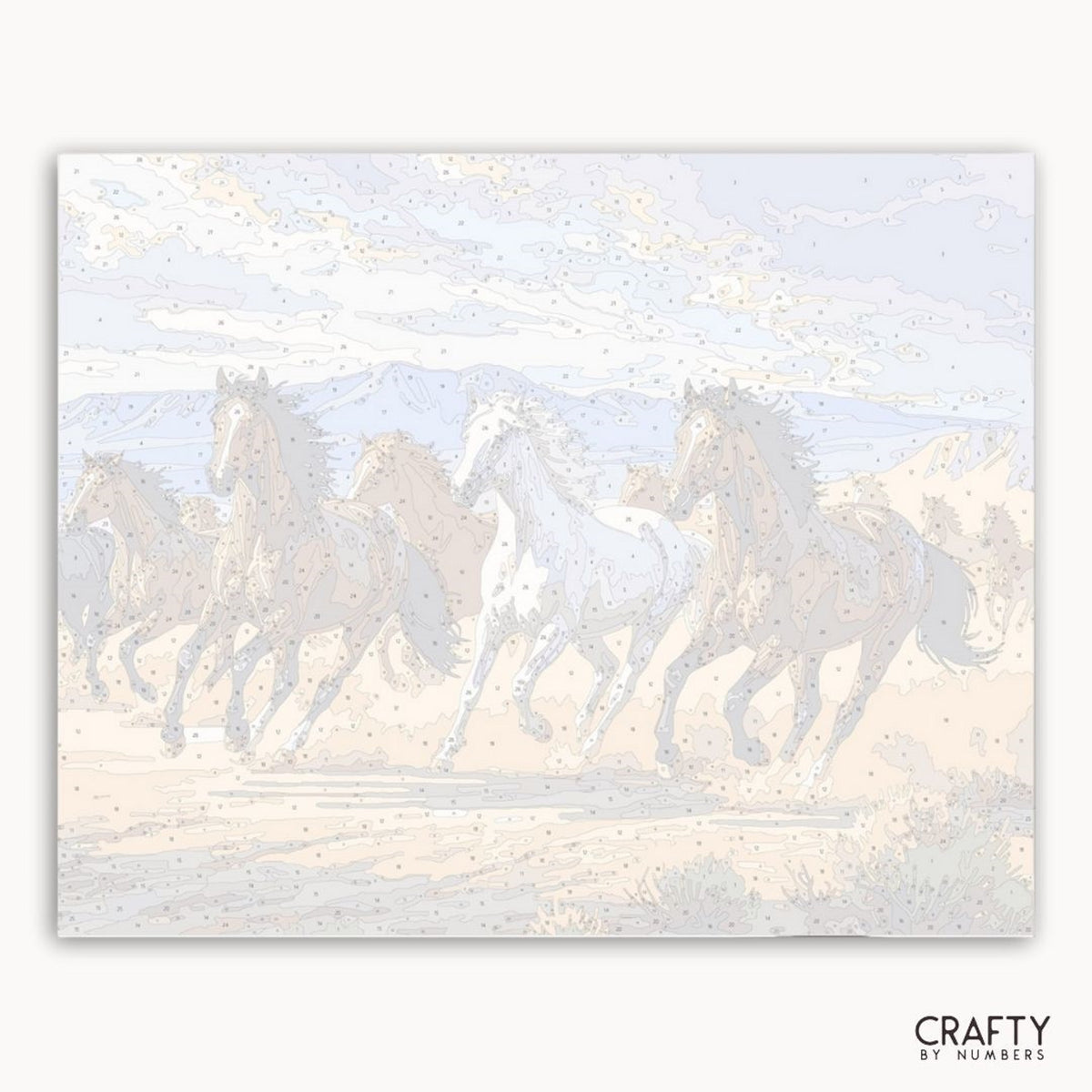Artistic depiction of horses running on a textured surface with 'Crafty by Numbers' branding.
