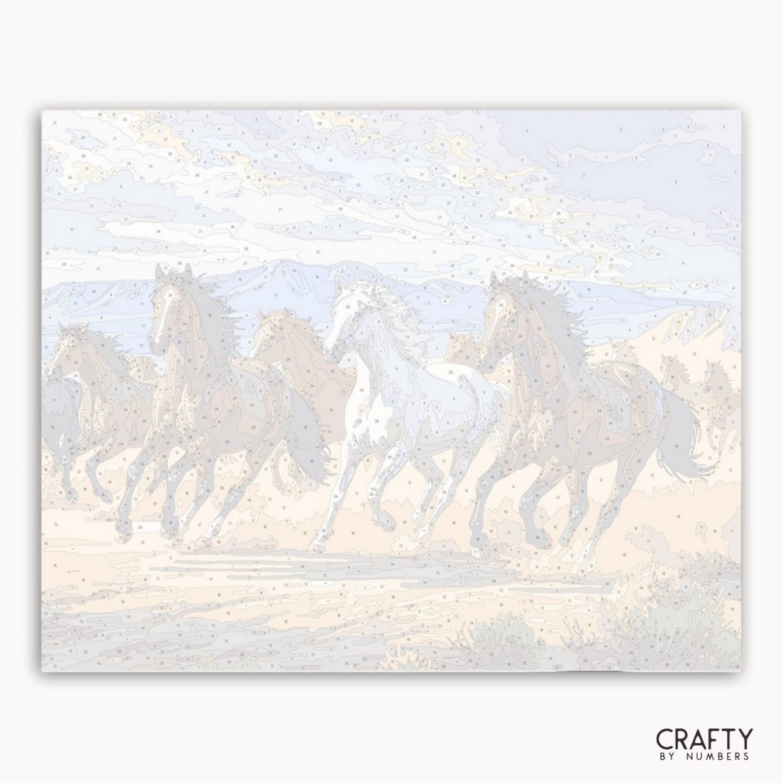 Artistic depiction of horses running on a textured surface with 'Crafty by Numbers' branding.