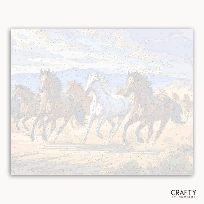 Artistic depiction of horses running on a textured surface with 'Crafty by Numbers' branding.