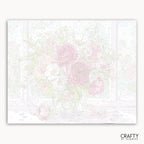 Floral patterned paper with pink roses on a white background, branded 'Crafty by Numbers'.