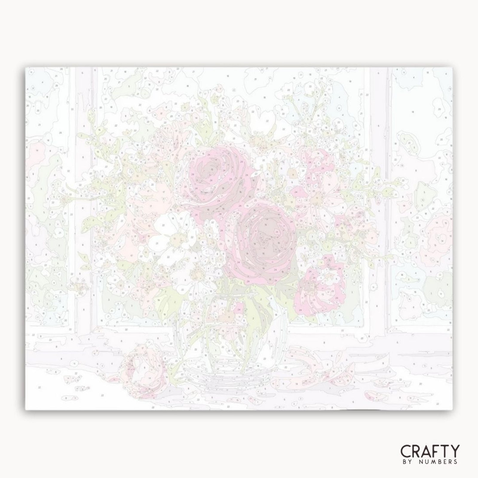 Floral gemustertes Papier mit rosa Rosen auf weißem Hintergrund, mit der Aufschrift „Crafty by Numbers“.