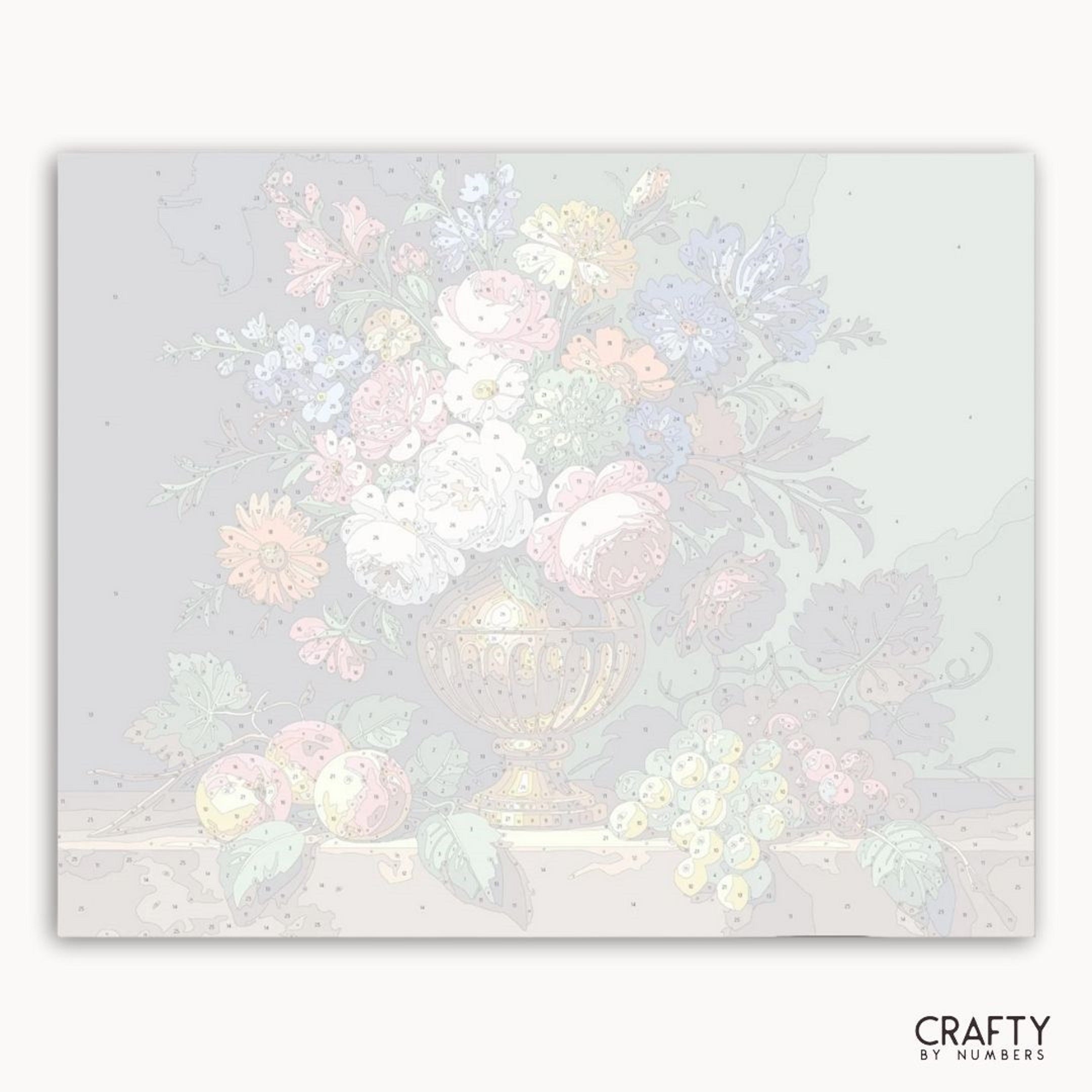 Floral design on a light gray background with 'Crafty by Numbers' branding.