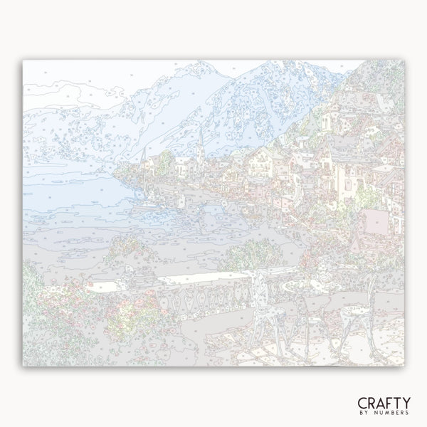 Pastel-colored mountain landscape with a lake and trees, featuring the brand 'Crafty by Numbers'.