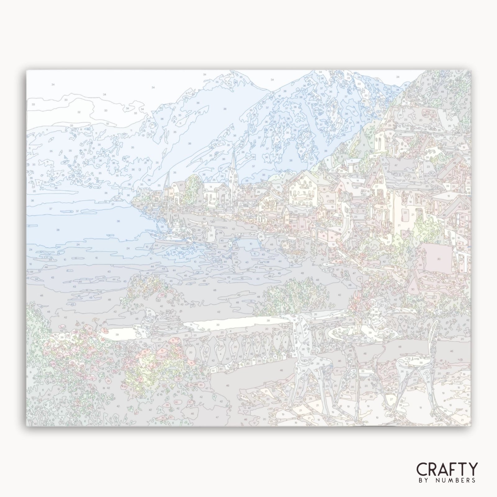 Paisaje montañoso de colores pastel con un lago y árboles, con la marca 'Crafty by Numbers'.
