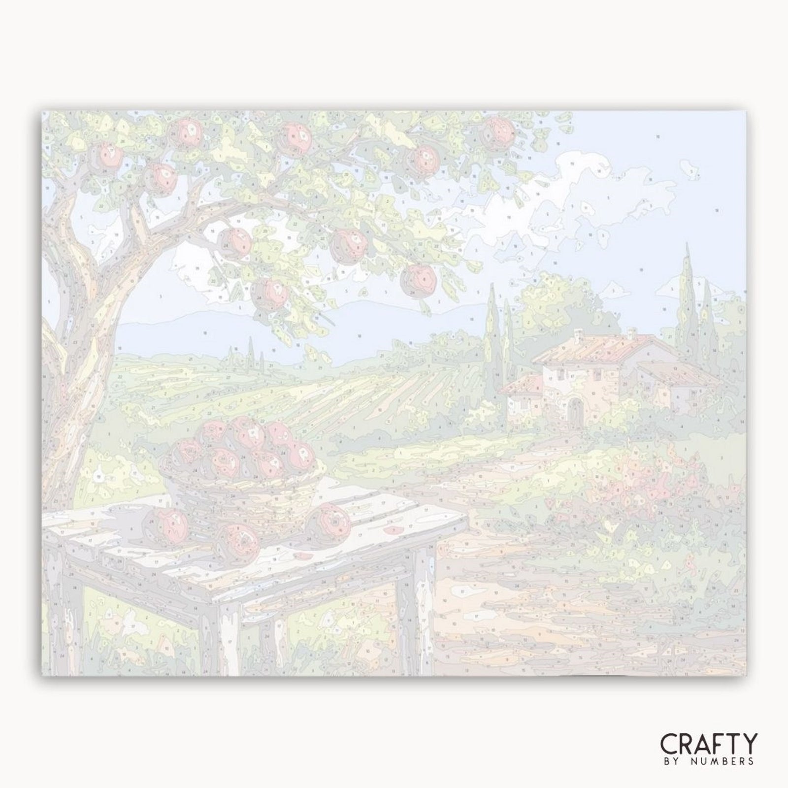 Oeuvre encadrée représentant un verger de pommiers avec des arbres et une table en bois, mettant en vedette la marque « Crafty by Numbers ».