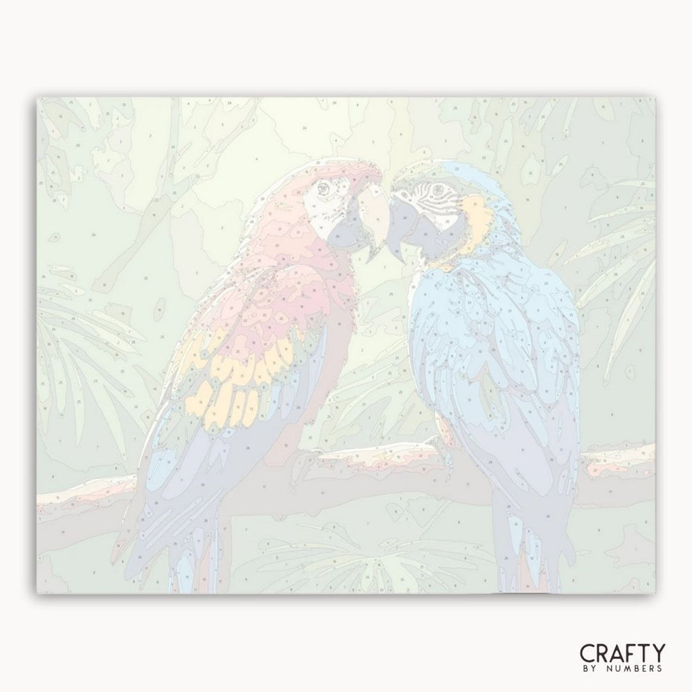 Two parrots on a branch with a pastel background, featuring the brand 'Crafty by Numbers'.