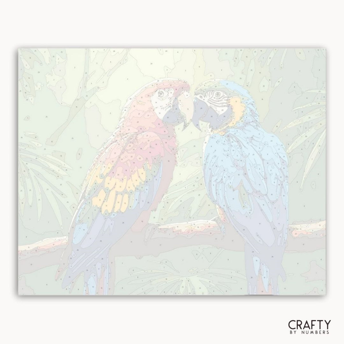 Deux perroquets sur une branche sur fond pastel, représentant la marque « Crafty by Numbers ».