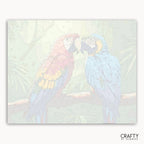 Two parrots on a branch with a pastel background, featuring the brand 'Crafty by Numbers'.