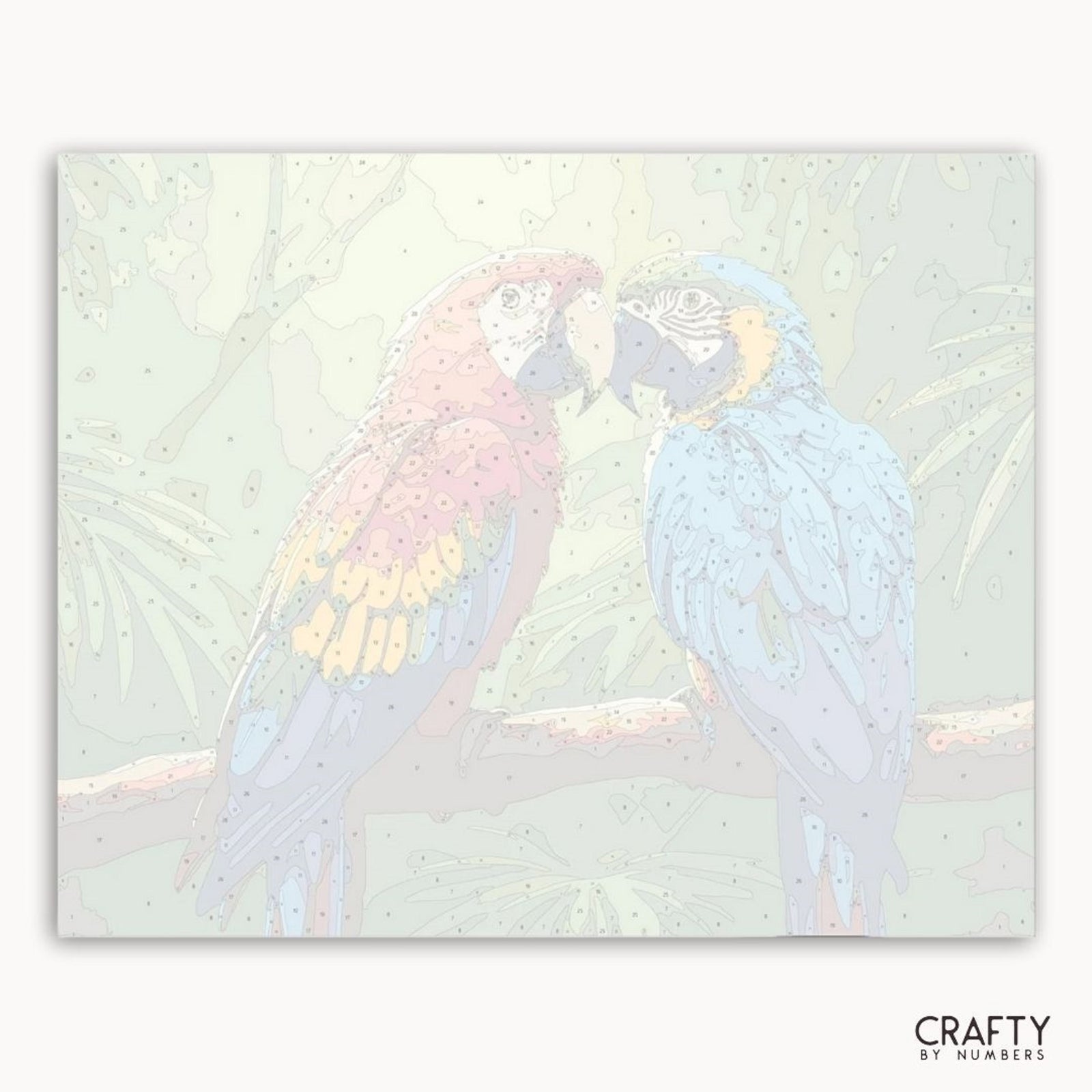 Deux perroquets sur une branche sur fond pastel, représentant la marque « Crafty by Numbers ».