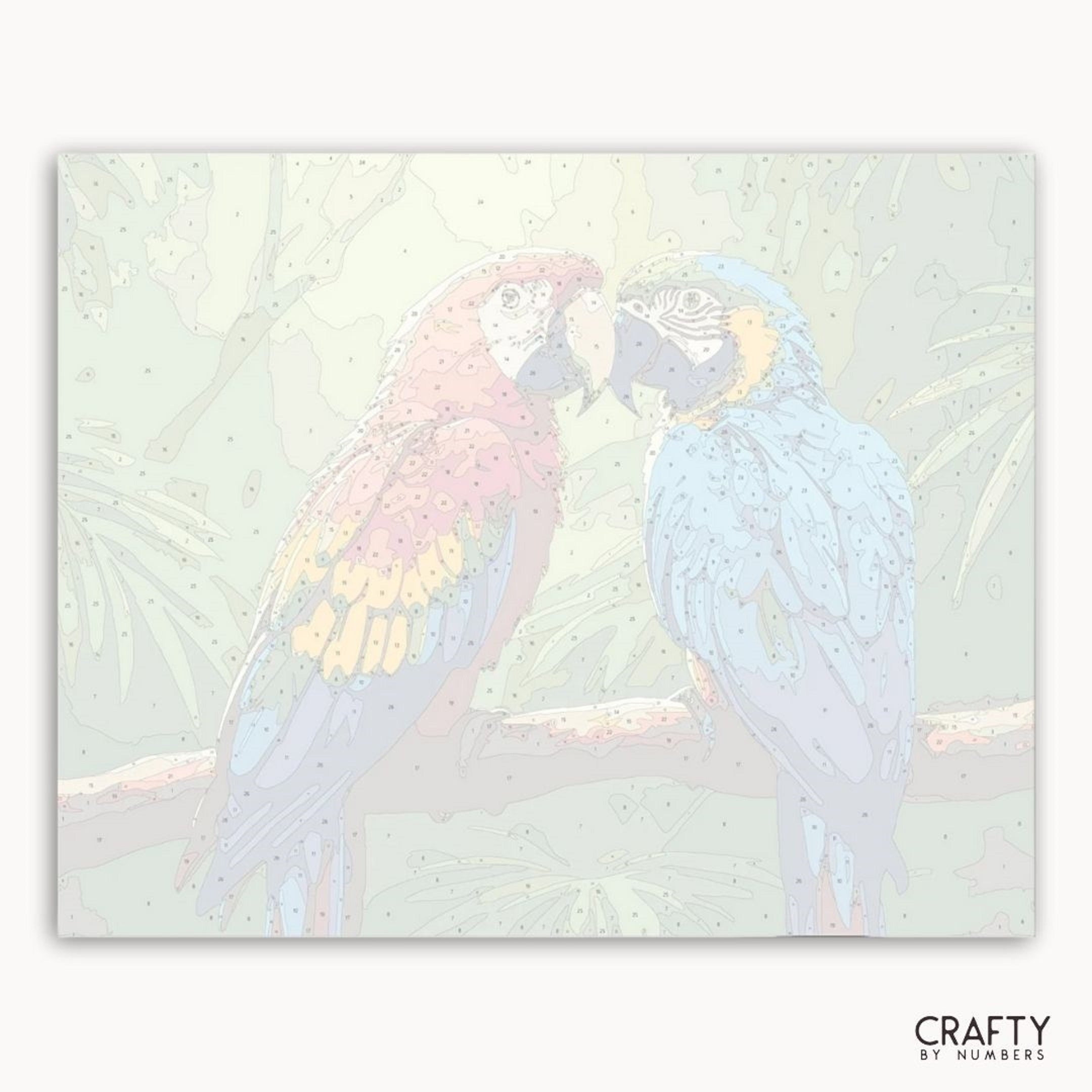 Two parrots on a branch with a pastel background, featuring the brand 'Crafty by Numbers'.