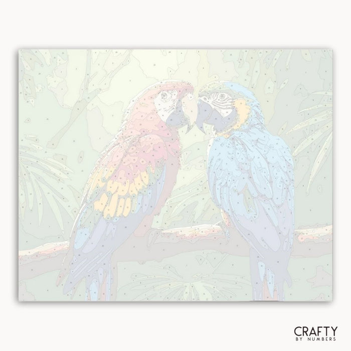 Two parrots on a branch with a pastel background, featuring the brand 'Crafty by Numbers'.