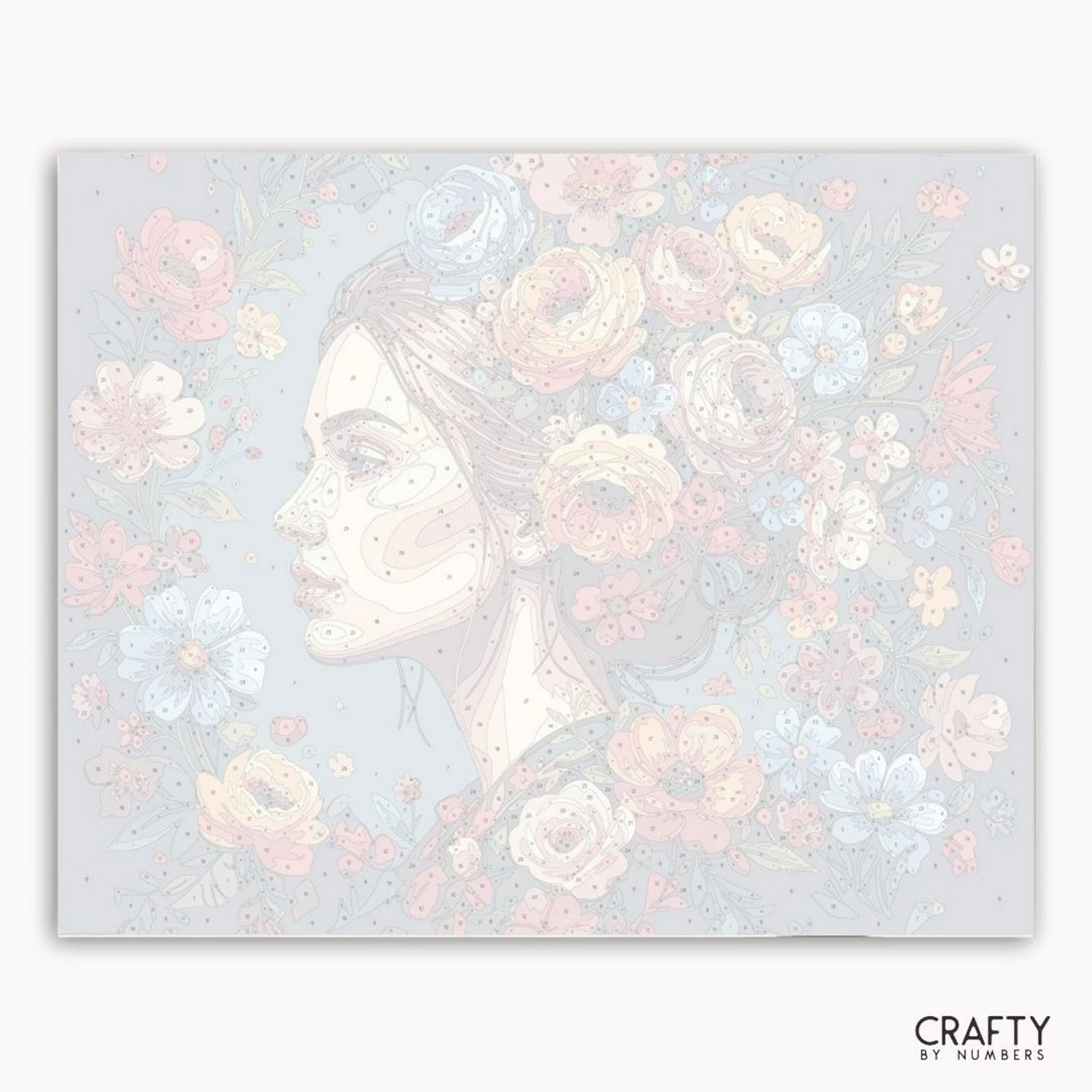 Künstlerische Darstellung des Profils einer Frau, umgeben von Blumen auf hellblauem Hintergrund mit „Crafty by Numbers“-Branding.