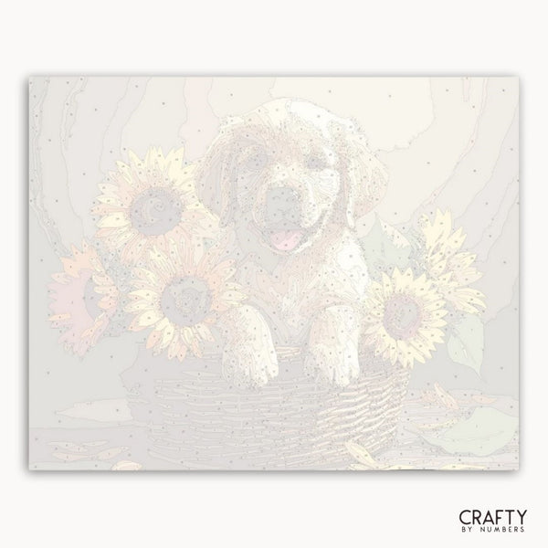 Dog surrounded by sunflowers on a textured white background with 'Crafty by Numbers' branding.