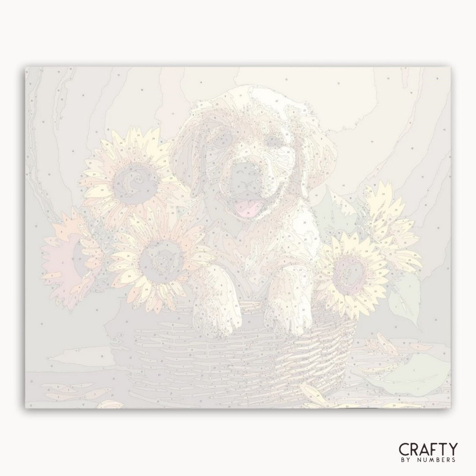 Perro rodeado de girasoles sobre un fondo blanco texturizado con la marca 'Crafty by Numbers'.