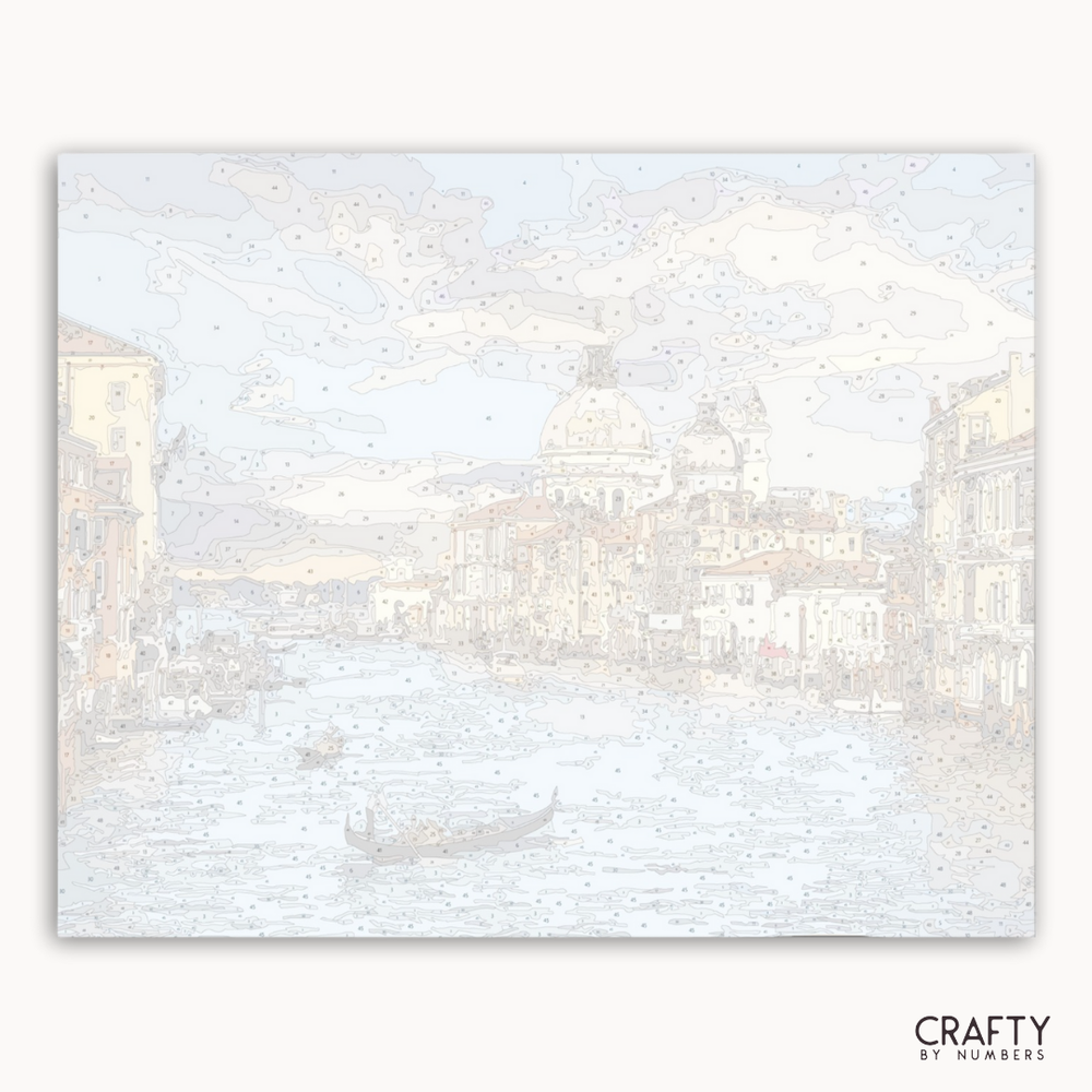 Framed artwork of a cityscape with a boat on a light blue background, credited to Crafty by Numbers.