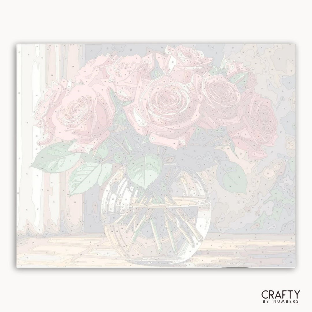 Pastel floral design with roses in a vase on a light background, branded 'Crafty by Numbers'.